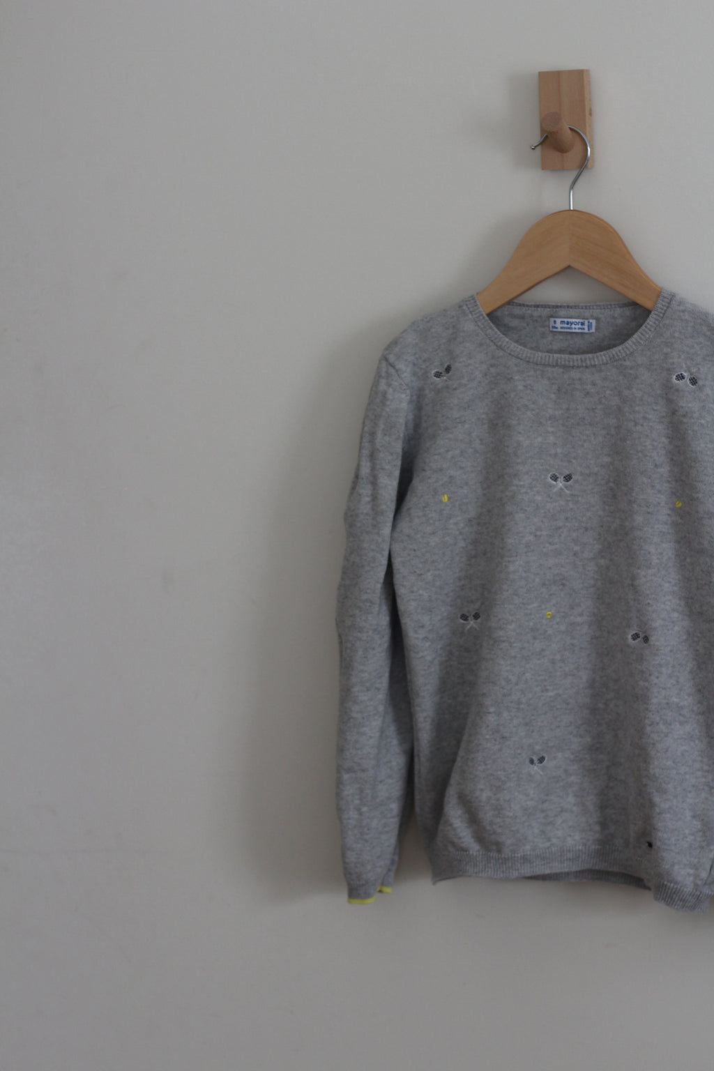 Mayoral Girls Heather Grey Embroidered Tennis Racket Sweater Neon Trim - size 8