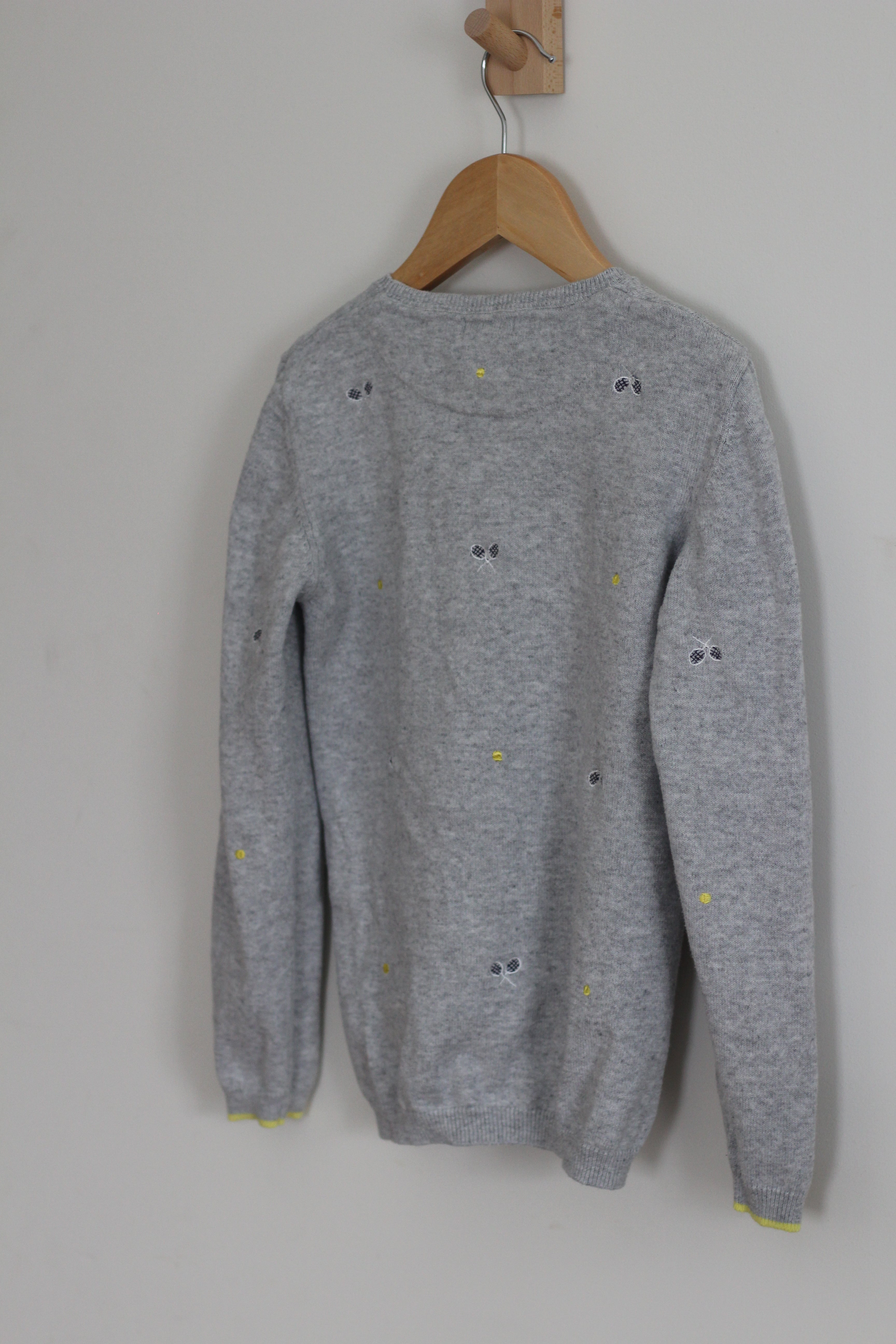 Mayoral Girls Heather Grey Embroidered Tennis Racket Sweater Neon Trim - size 8