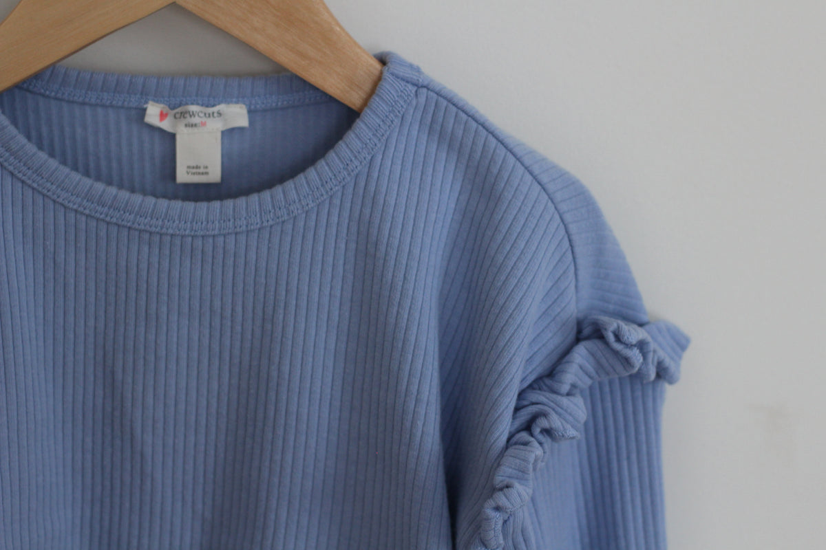 Crewcuts Ruffled Long Sleeve Ribbed Dusty Blue Top - size Medium