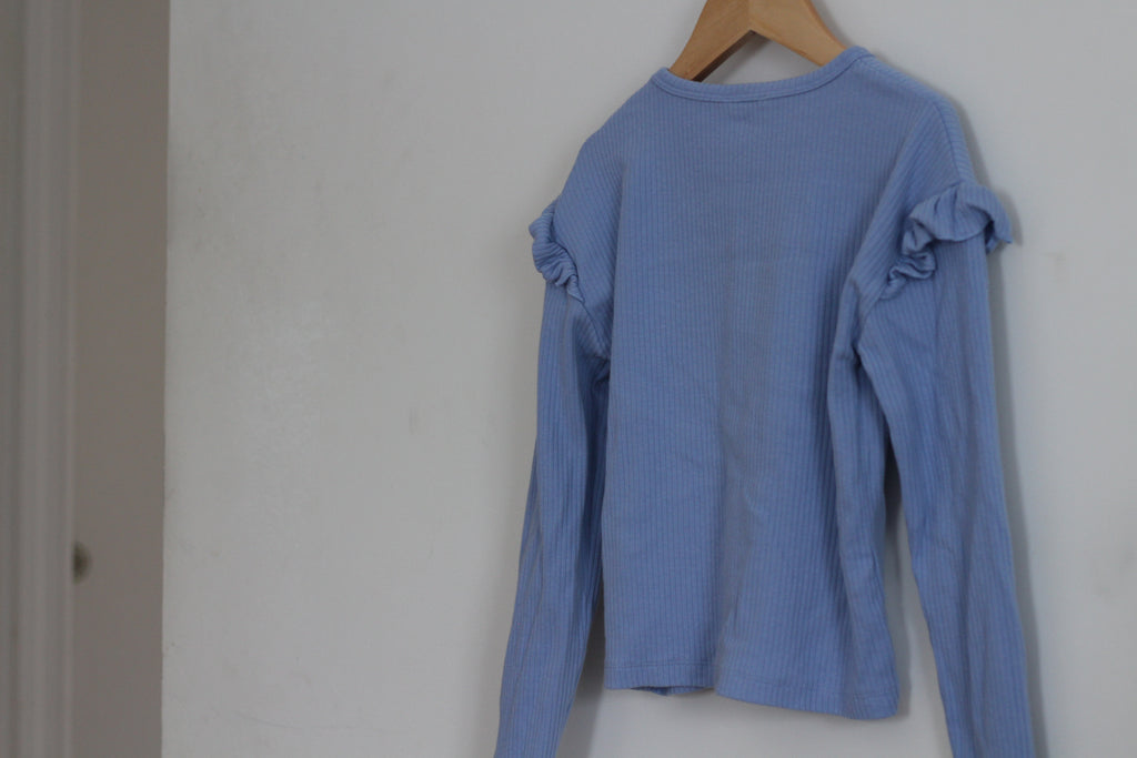 Crewcuts Ruffled Long Sleeve Ribbed Dusty Blue Top - size Medium