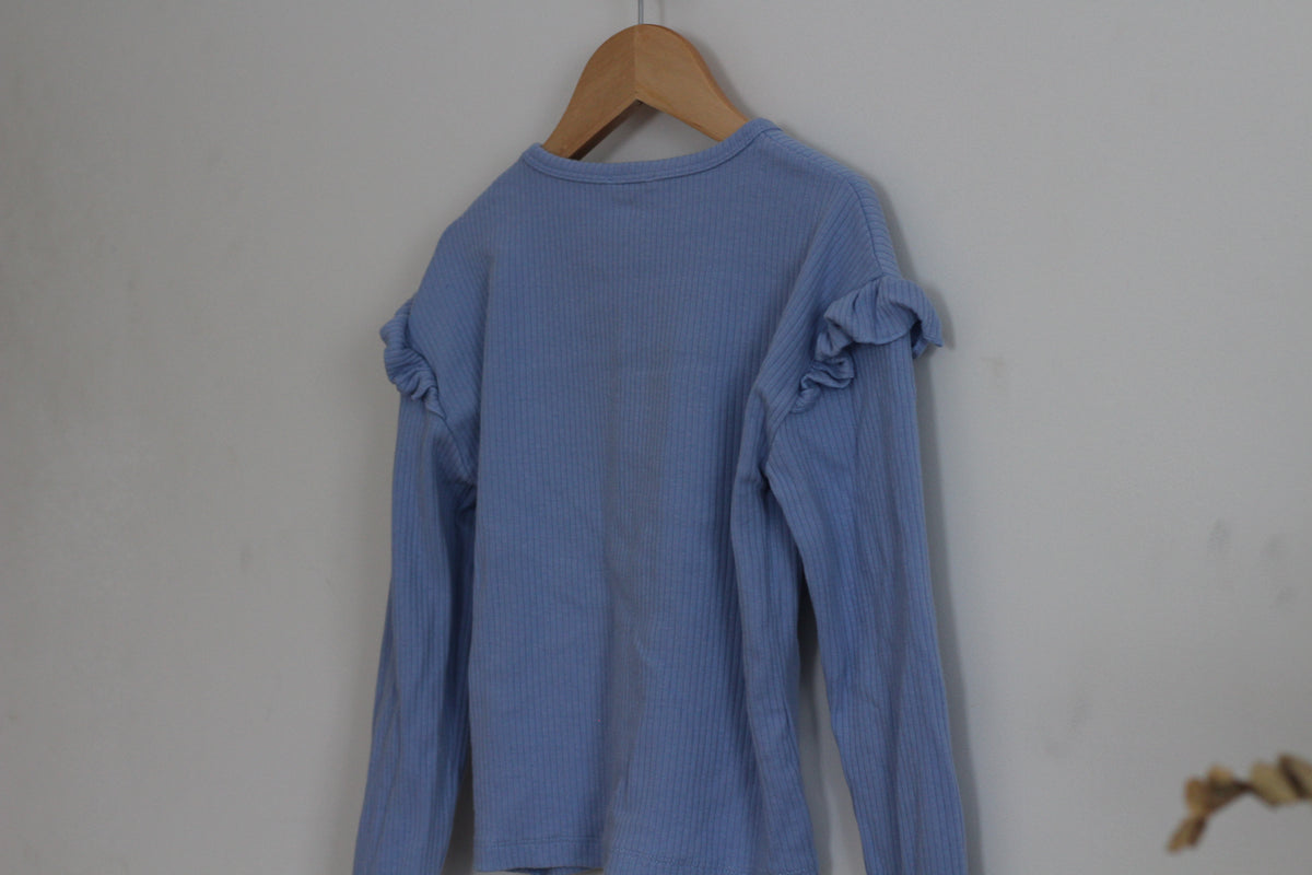 Crewcuts Ruffled Long Sleeve Ribbed Dusty Blue Top - size Medium