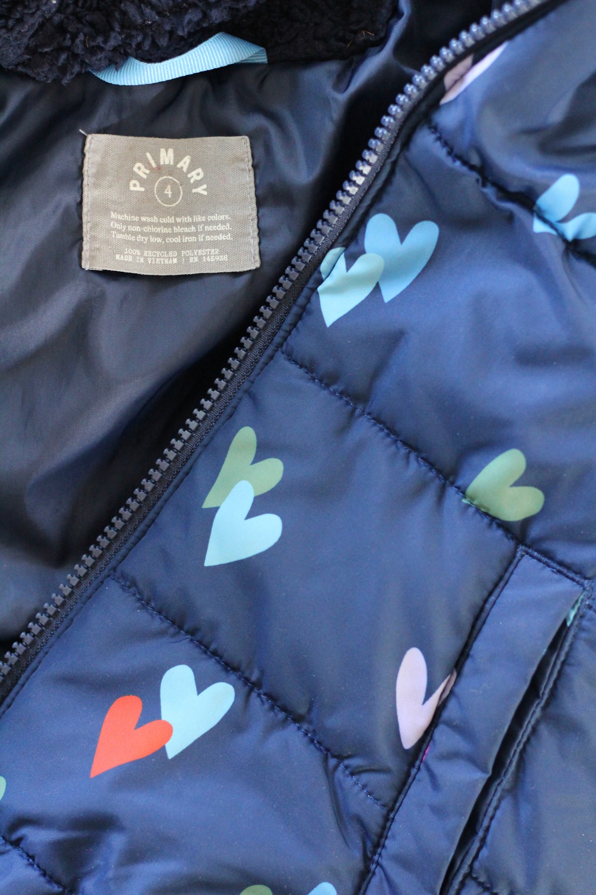 Primary Girls Navy Blue with Hearts Winter Puffer Jacket - size 4