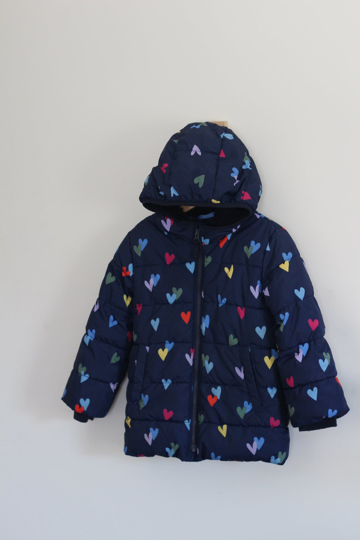 Primary Girls Navy Blue with Hearts Winter Puffer Jacket - size 4