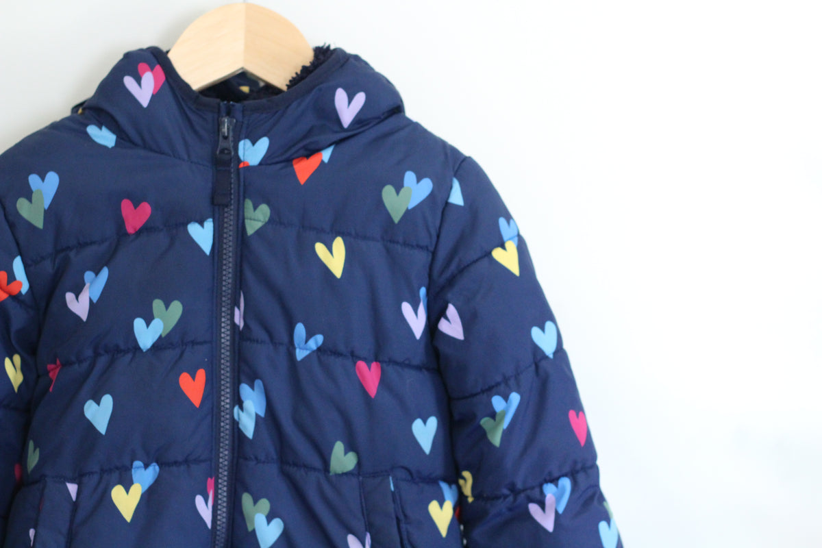Primary Girls Navy Blue with Hearts Winter Puffer Jacket - size 4