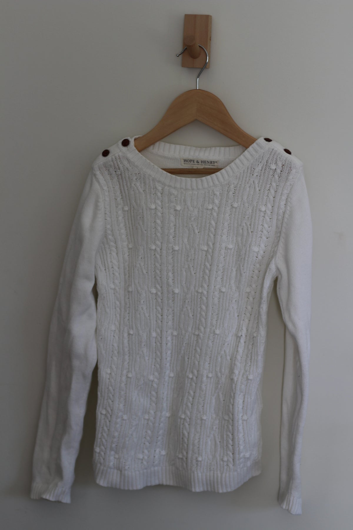 Hope & Henry Girls Organic Cotton White Cable Button Sweater - size Large