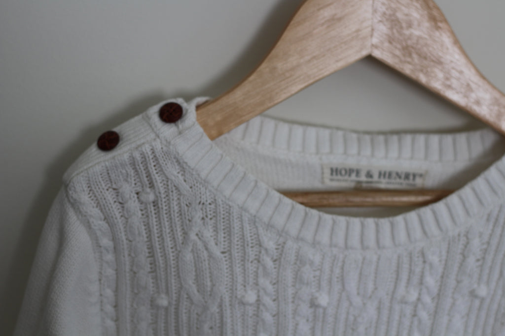 Hope & Henry Girls Organic Cotton White Cable Button Sweater - size Large