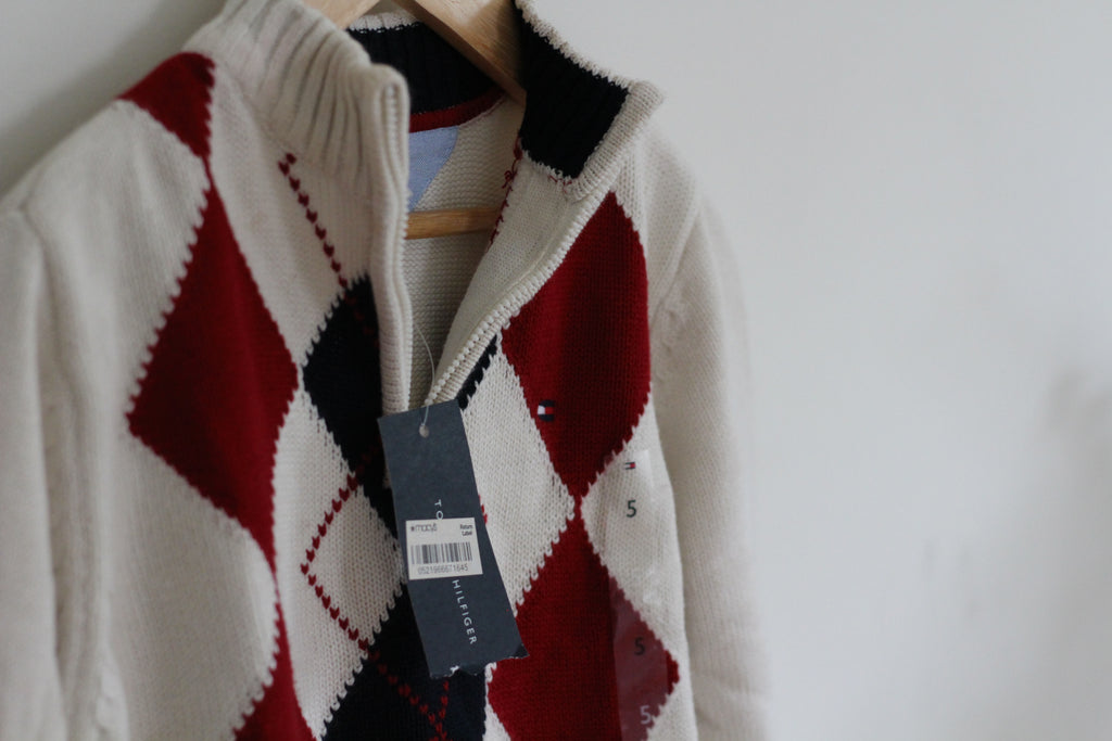 Tommy Hilfiger Quarter Zip Argyle Cream Boys Sweater NWT - size 5