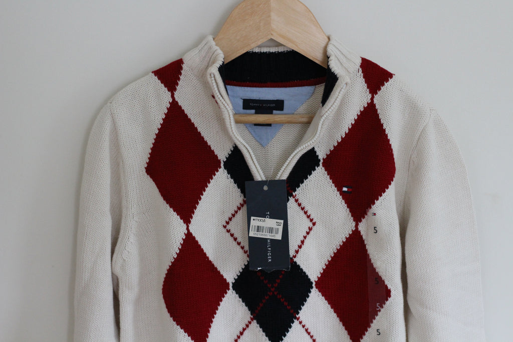 Tommy Hilfiger Quarter Zip Argyle Cream Boys Sweater NWT - size 5