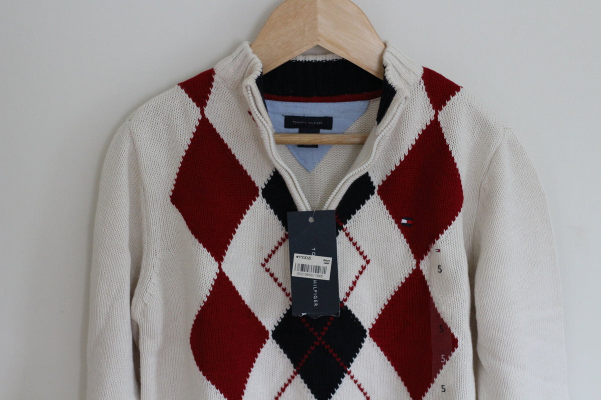 Tommy Hilfiger Quarter Zip Argyle Cream Boys Sweater NWT - size 5