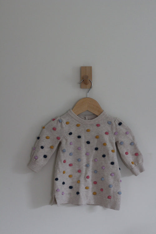 Baby Gap Cream Popcorn Knit Multicolor Pom Pom Sweater Dress - size 3-6 months