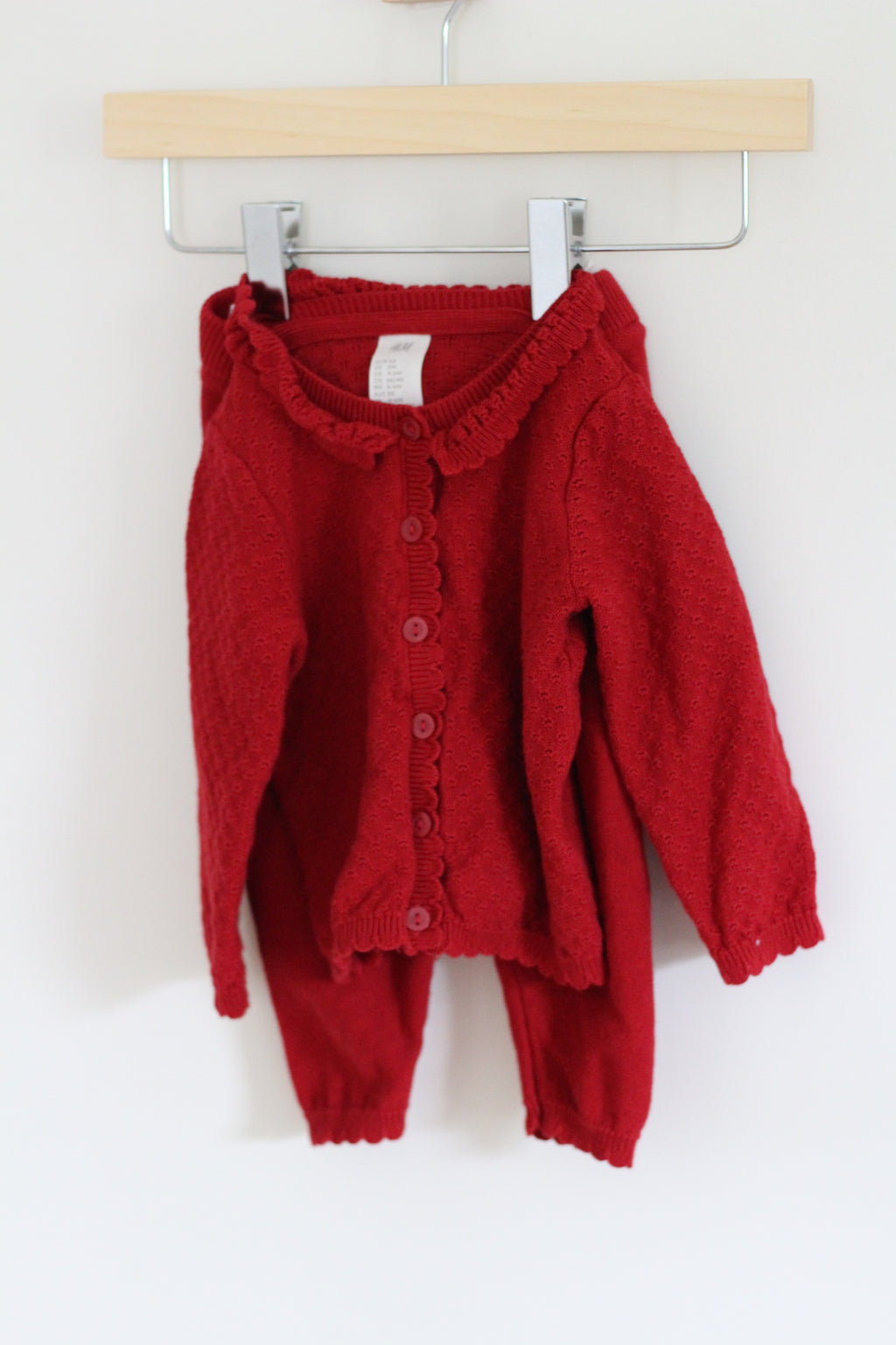 H&M Red Knit Cardigan with Scalloped, Ruffle Collar and Fine-Knit Pants - size 6 months