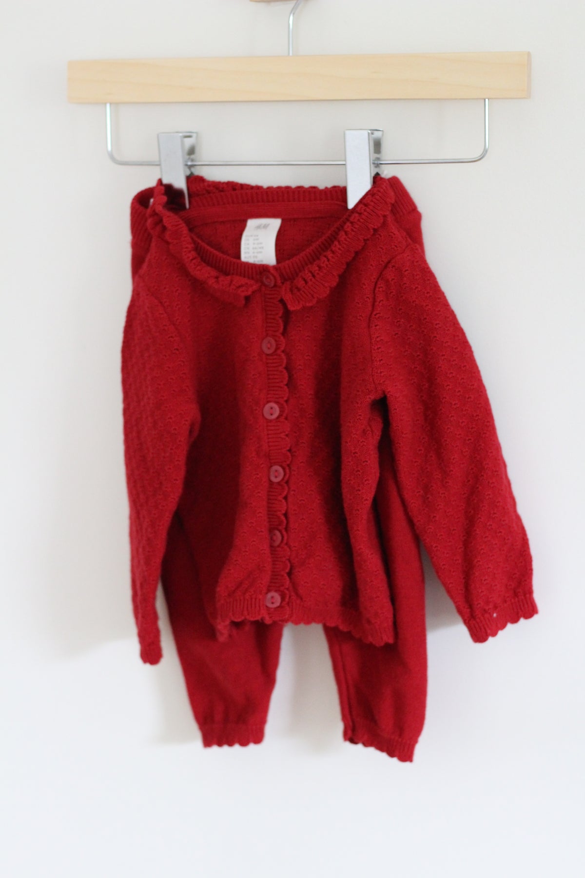H&M Red Knit Cardigan with Scalloped, Ruffle Collar and Fine-Knit Pants - size 6 months