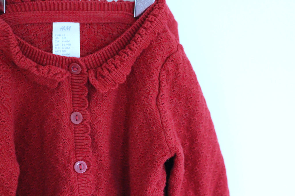 H&M Red Knit Cardigan with Scalloped, Ruffle Collar and Fine-Knit Pants - size 6 months