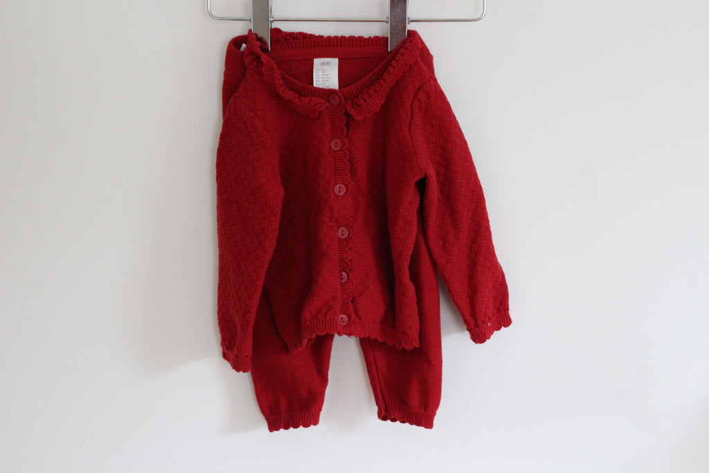 H&M Red Knit Cardigan with Scalloped, Ruffle Collar and Fine-Knit Pants - size 6 months