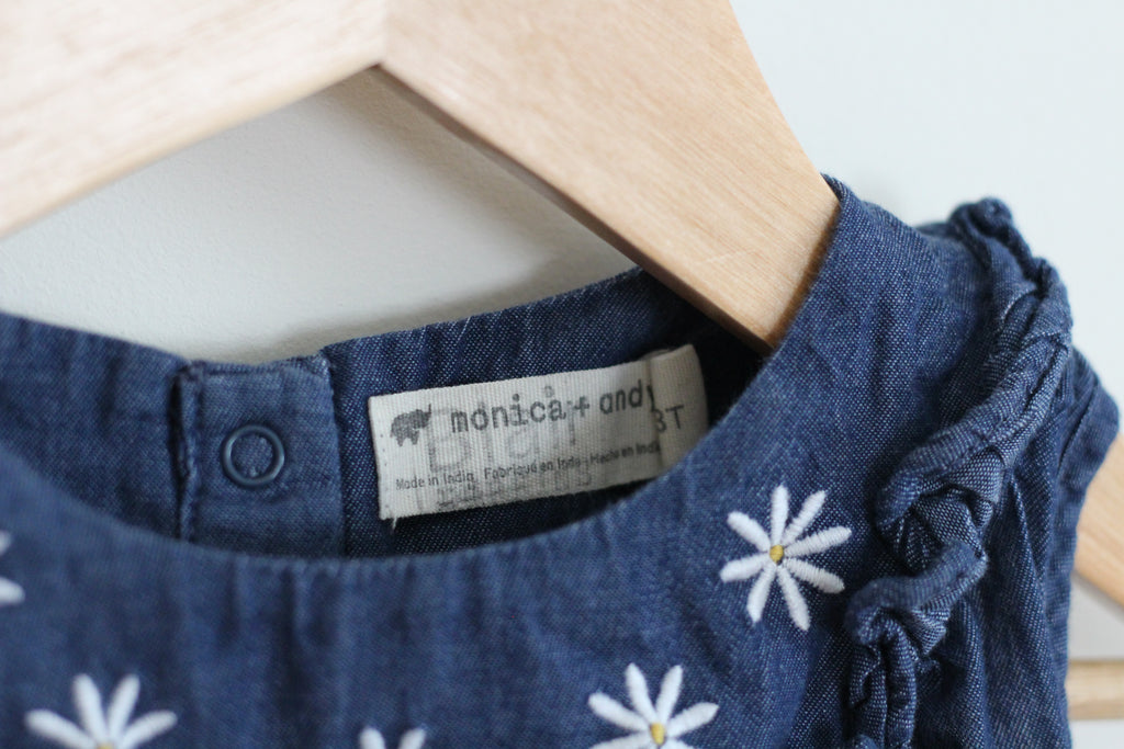 GOTS Certified Monica + Andy Chambray Dress with Flower Embroidery - size 3T