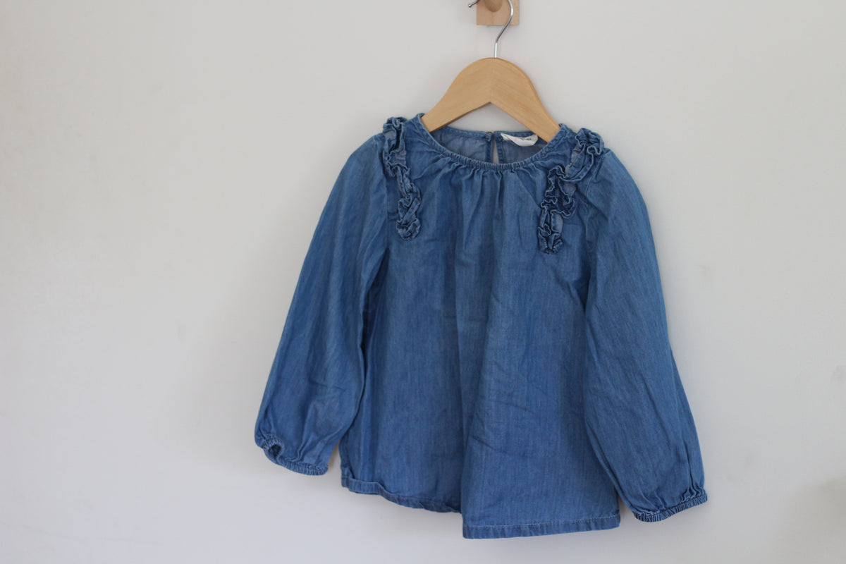 Crewcuts Ruffle Shoulder Chambray Top - size S or 6 / 7