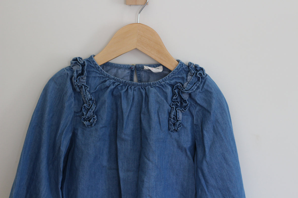 Crewcuts Ruffle Shoulder Chambray Top - size S or 6 / 7