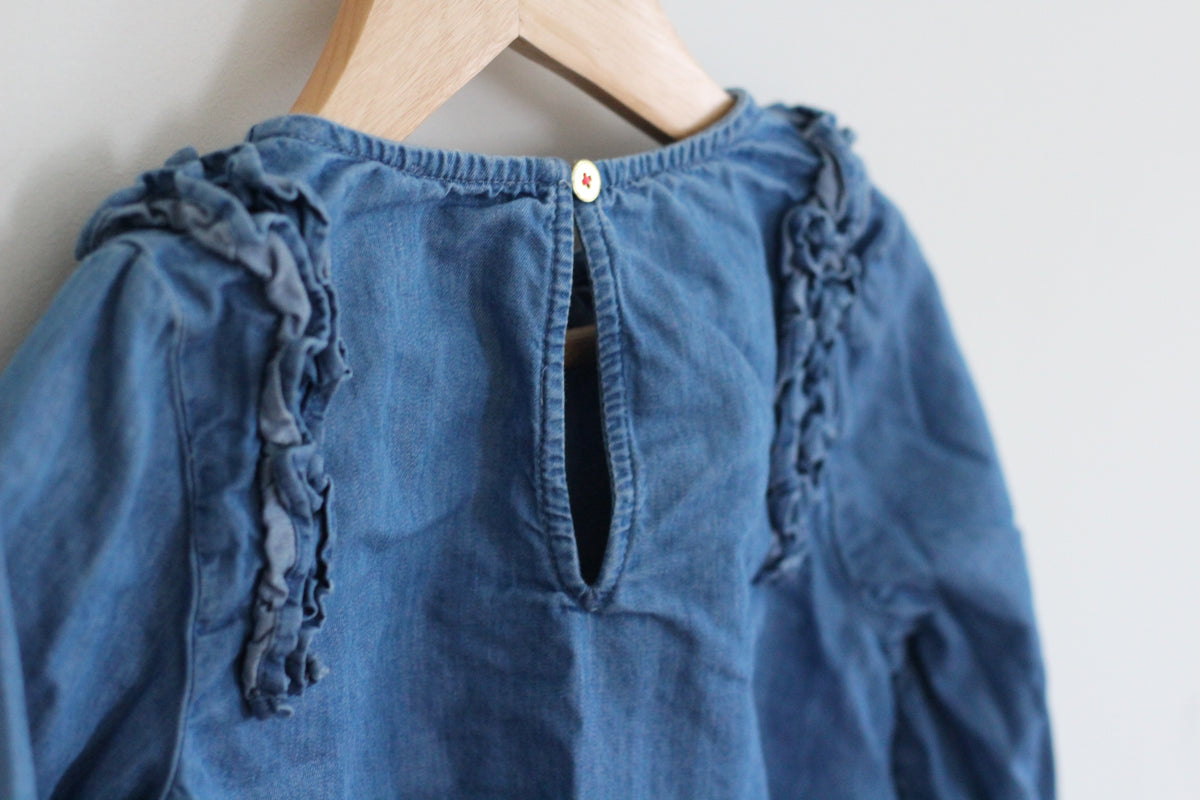 Crewcuts Ruffle Shoulder Chambray Top - size S or 6 / 7
