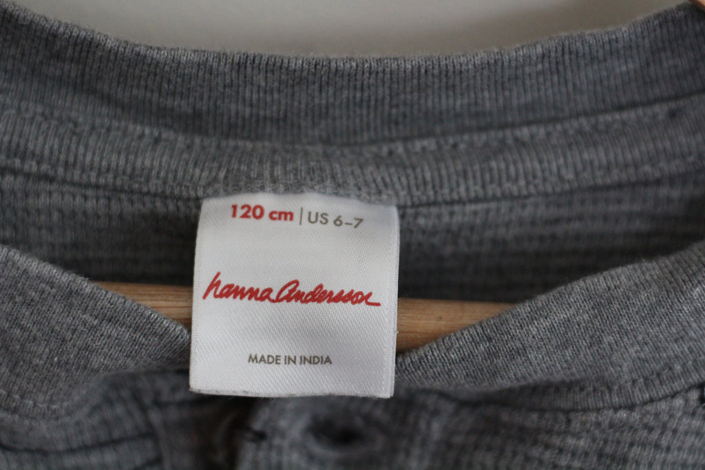 Hanna Andersson Boys Grey Dinosaur Waffle Knit Henley Shirt - size 120 or 6 - 7