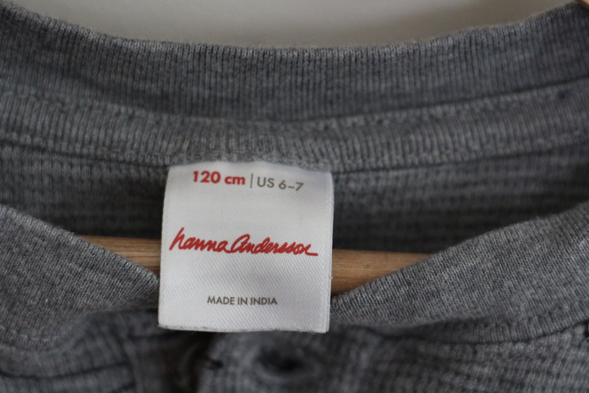 Hanna Andersson Boys Grey Dinosaur Waffle Knit Henley Shirt - size 120 or 6 - 7