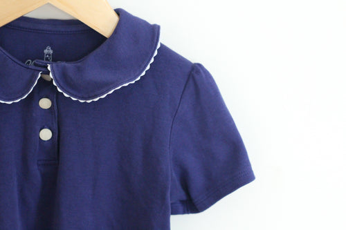 100% Pima Cotton Classic Prep Navy Short Sleeve Scalloped Collar - size 7