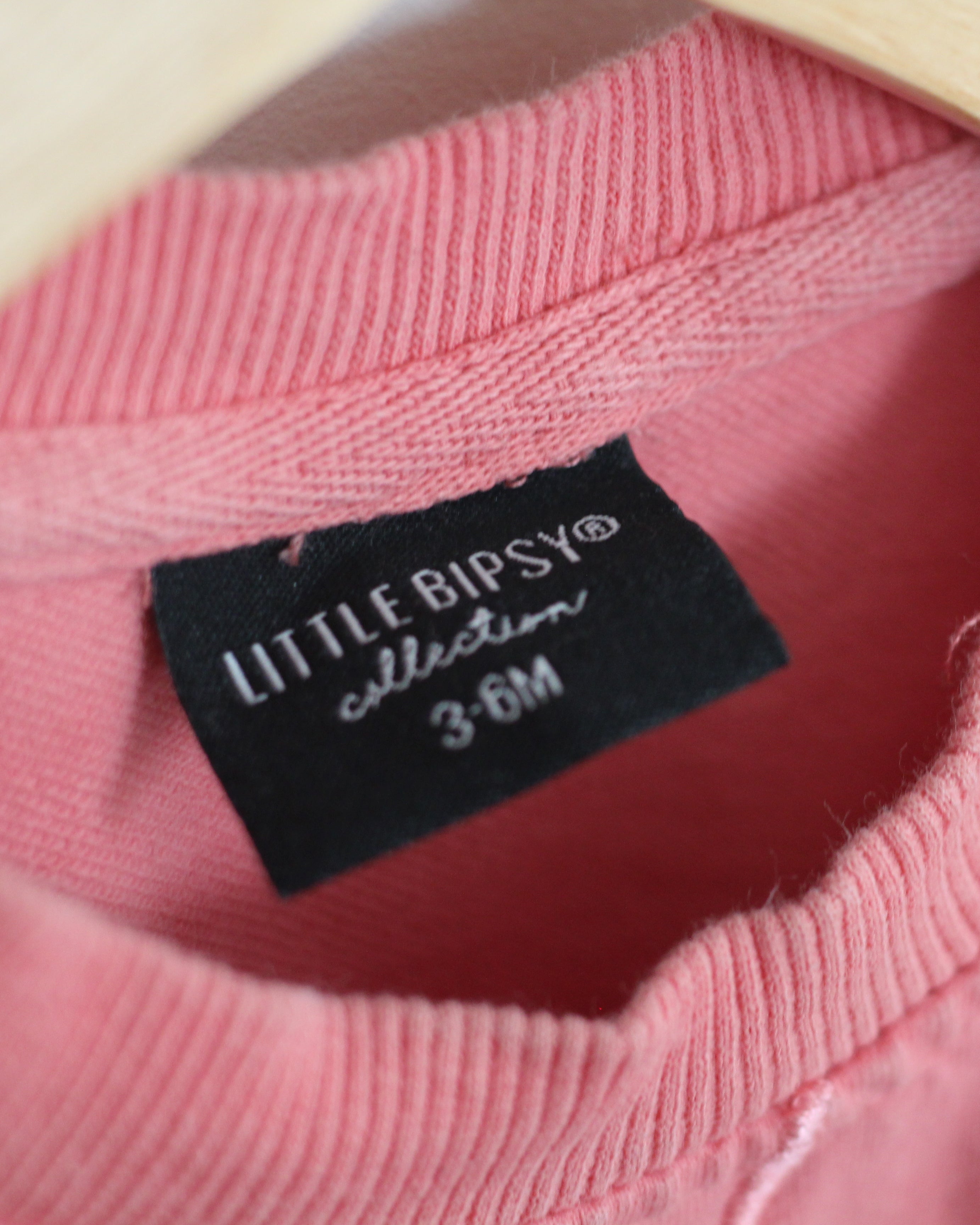 Close-up of a pink crewneck sweatshirt showing the black brand label 'LITTLE BIPSY collection 3-6M' on a wooden hanger.